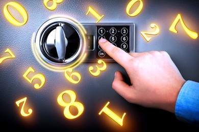 Man pressing buttons on keypad to lock steel safe, closeup. Numbers symbolizing code combination flying around