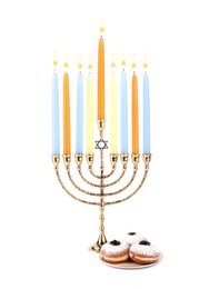 Photo of Hanukkah celebration. Menorah with candles and donuts isolated on white