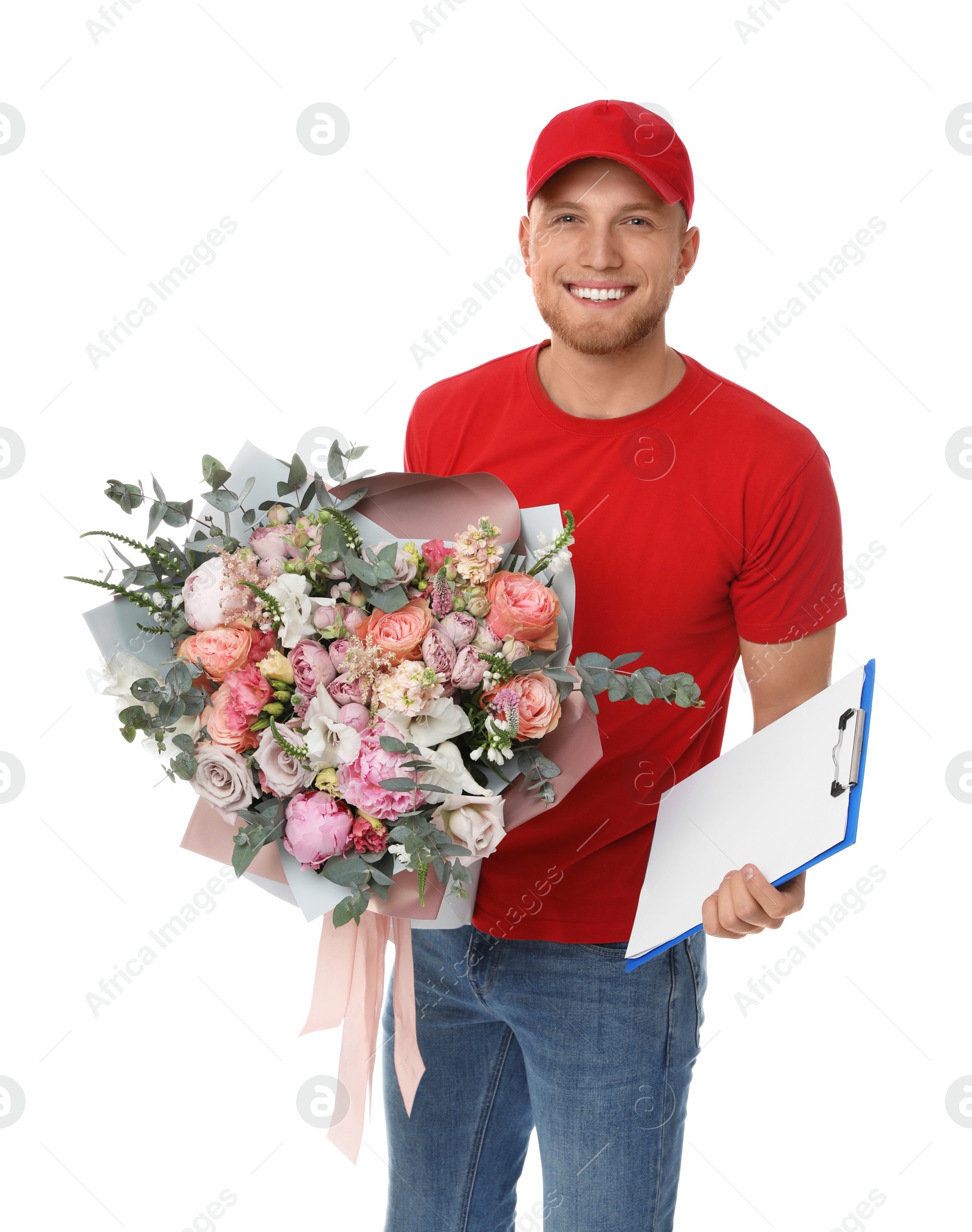 Photo of Delivery man with beautiful flower bouquet isolated on white