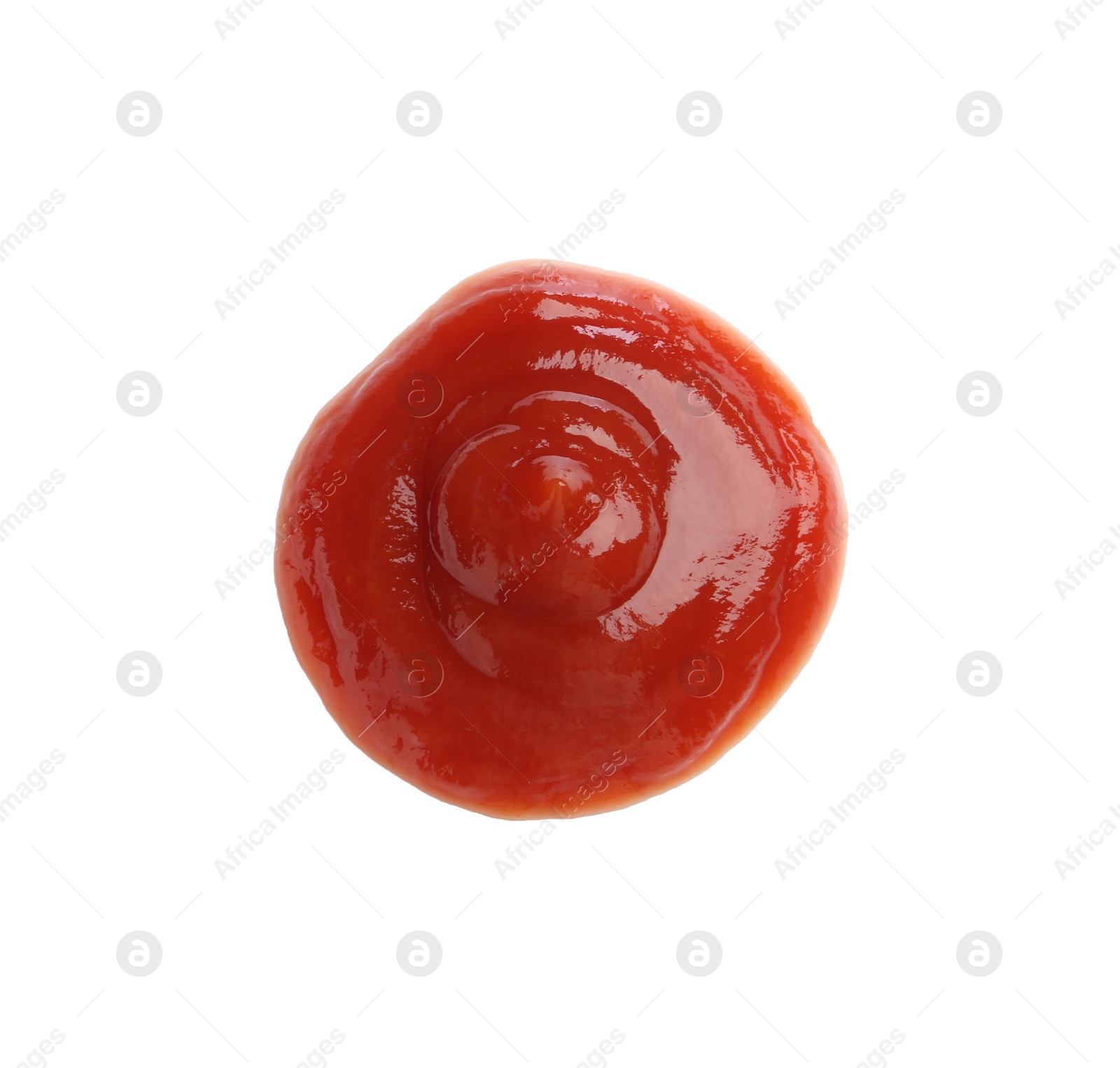 Photo of Tasty ketchup isolated on white, top view. Tomato sauce