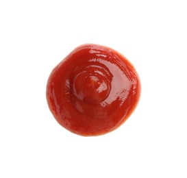 Photo of Tasty ketchup isolated on white, top view. Tomato sauce