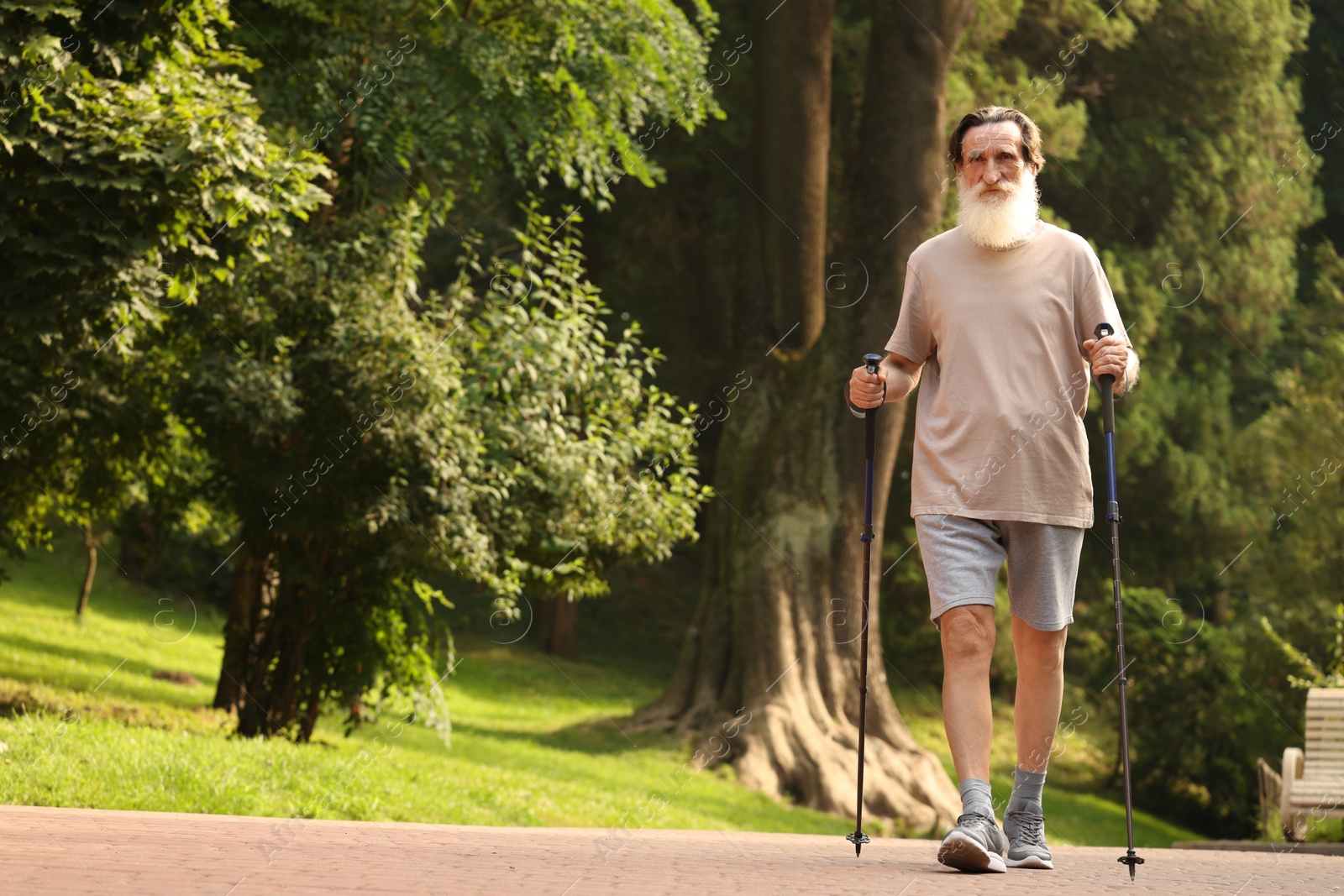 Photo of Senior man performing Nordic walking outdoors, space for text. Low angle view