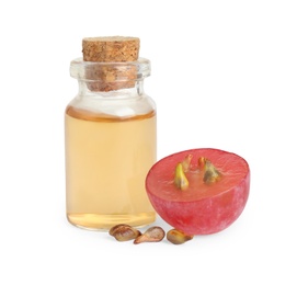 Photo of Organic red grape, seeds and bottle of natural essential oil on white background