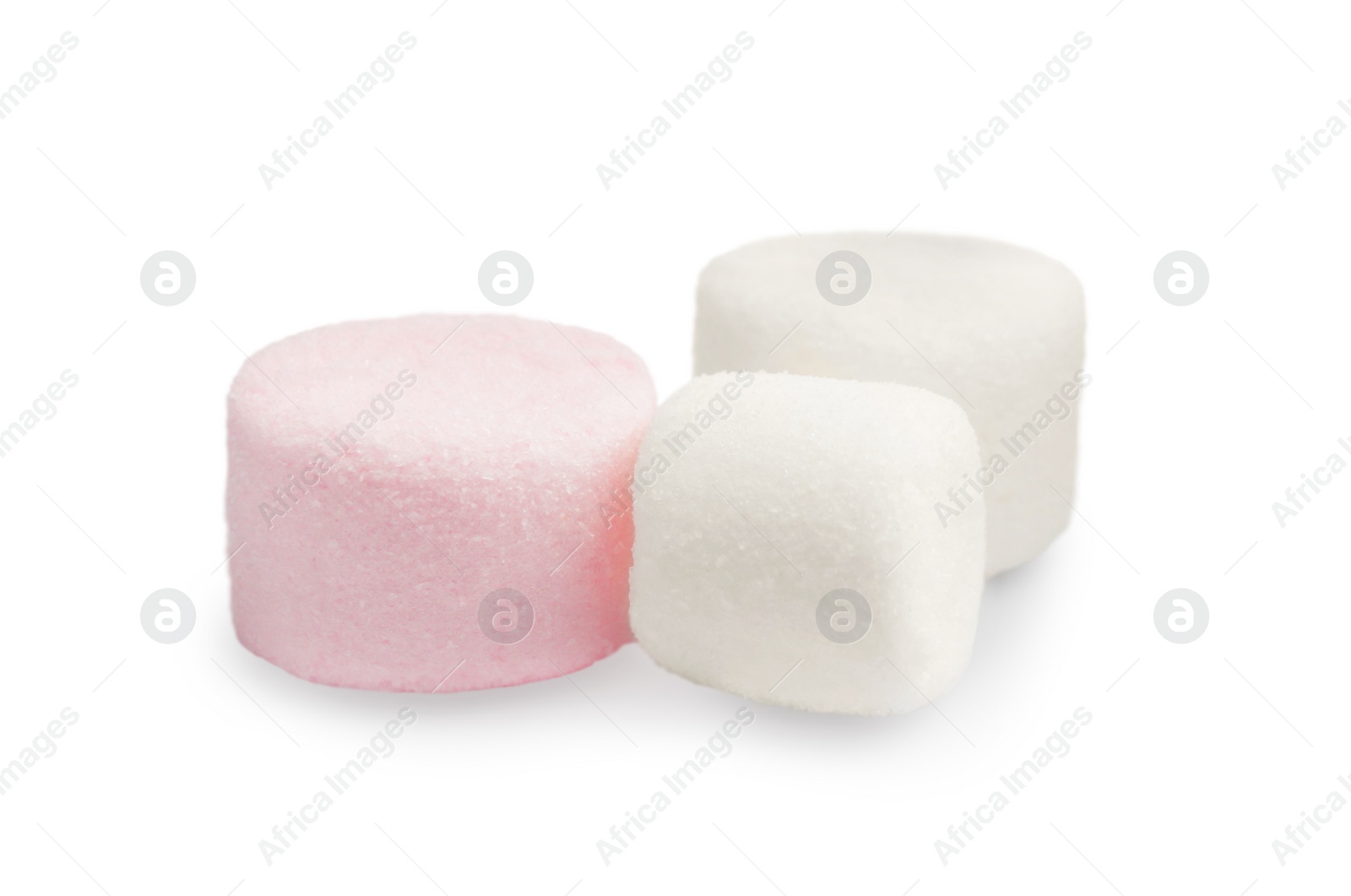 Photo of Delicious sweet puffy marshmallows on white background