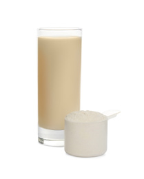 Photo of Protein shake and powder isolated on white