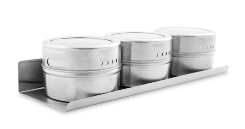 Set of magnetic containers for spices isolated on white