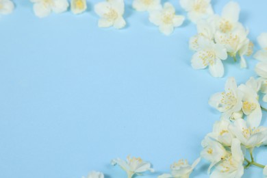 Beautiful jasmine flowers on light blue background, closeup. Space for text