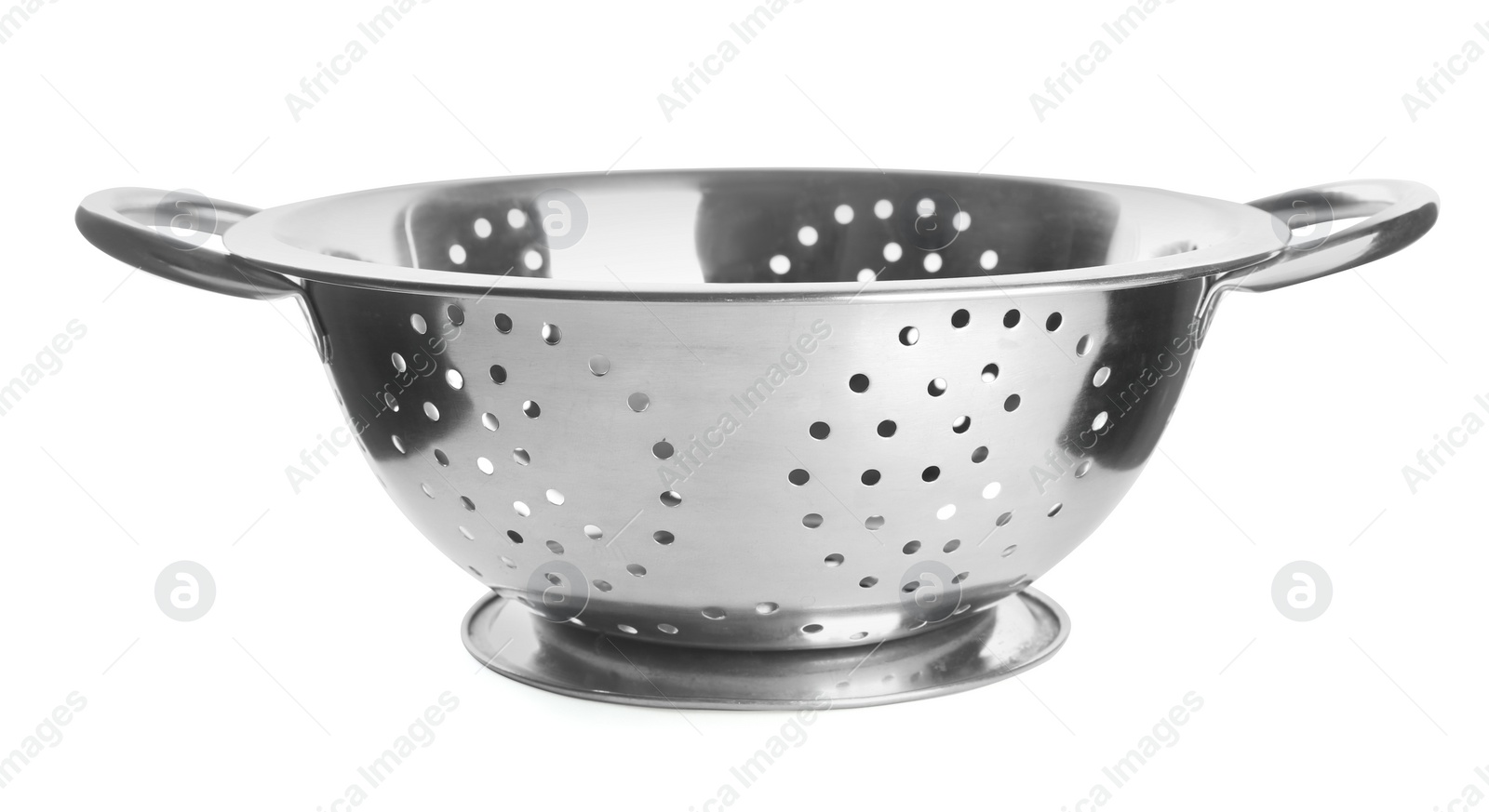 Photo of New shiny colander isolated on white. Cooking utensil