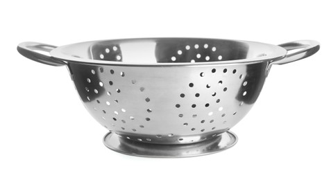 New shiny colander isolated on white. Cooking utensil