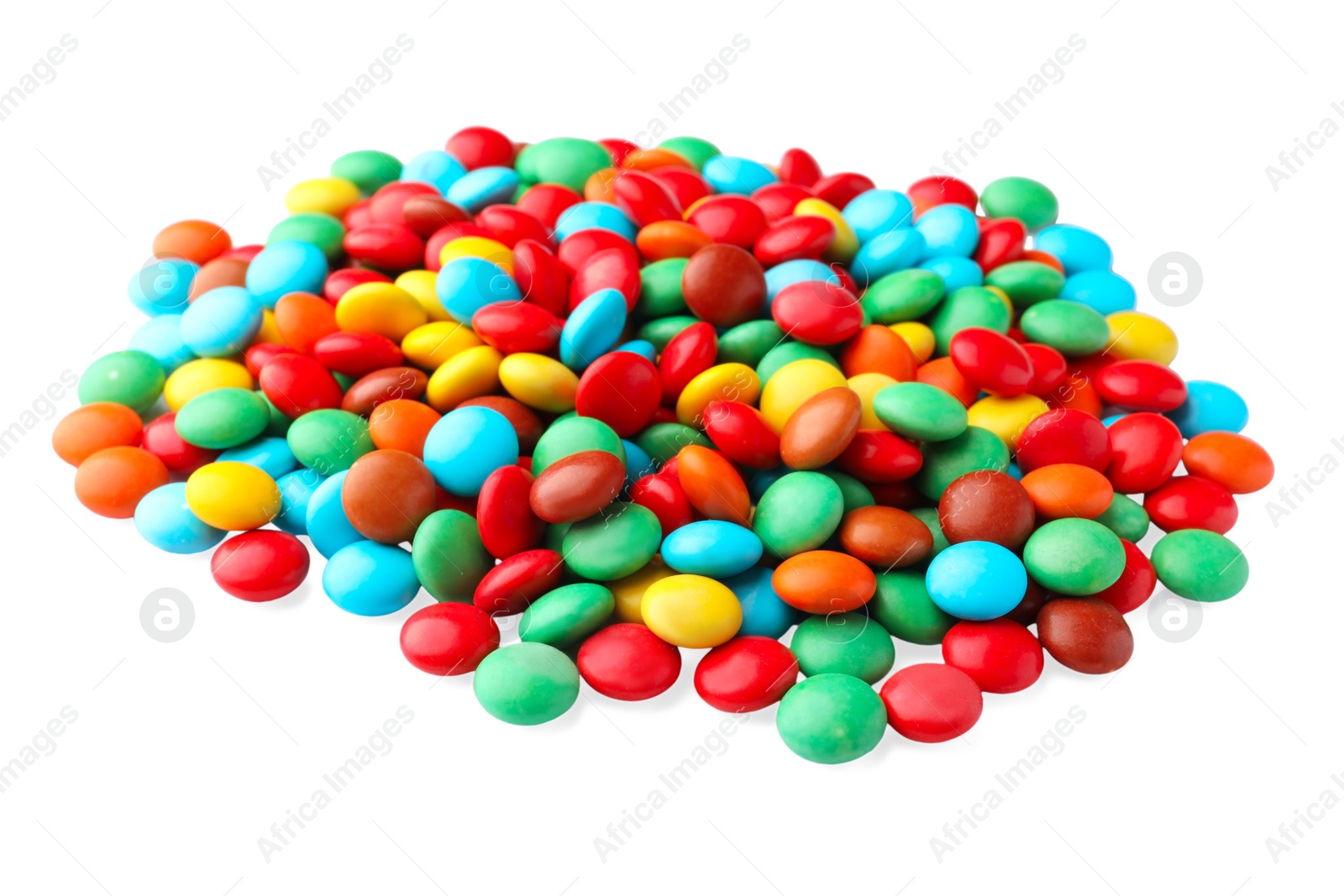 Photo of Many small colorful candies on white background