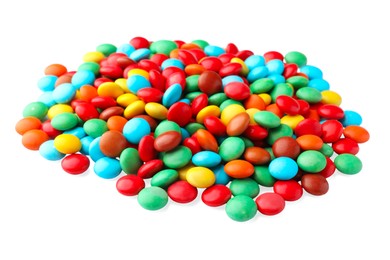 Photo of Many small colorful candies on white background