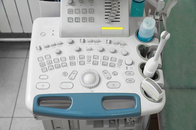 Ultrasound control panel in hospital, above view. Medical equipment