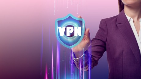 Woman touching virtual icon VPN on color background, closeup