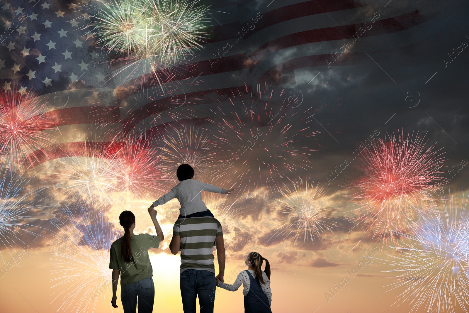 Image of 4th of July - Independence day of America. Family enjoying fireworks in sky. Double exposure with flag of United States