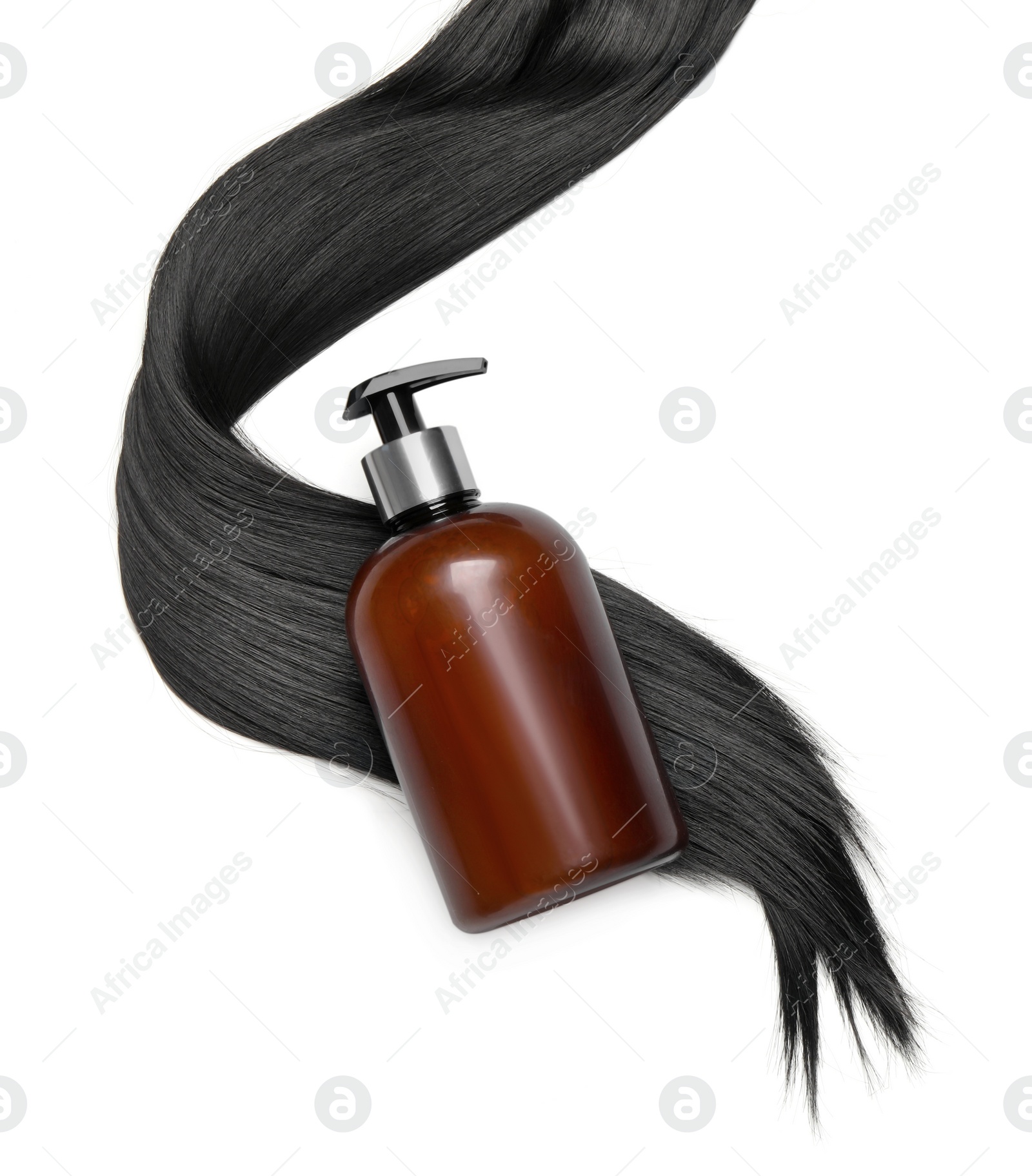 Photo of Lock of beautiful brunette straight hair and cosmetic product on white background, top view