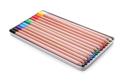 Colorful pastel pencils in box isolated on white. Drawing supplies