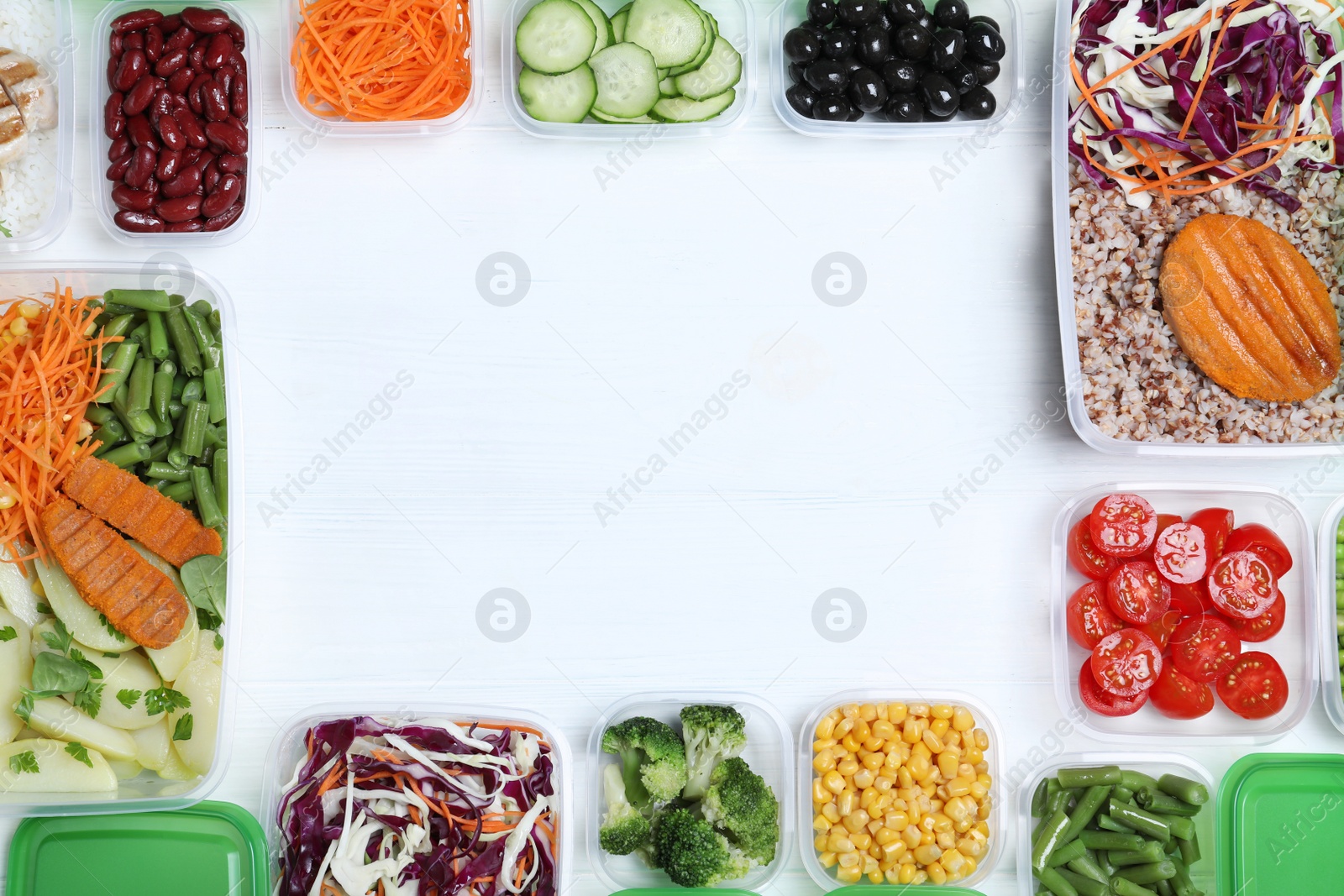 Photo of Frame of plastic containers with fresh food on white wooden table, flat lay. Space for text