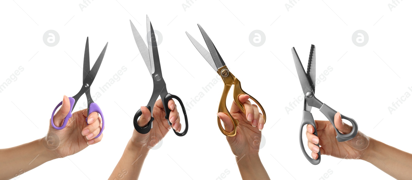 Image of Collage with photos of women holding different scissors on white background, closeup. Banner design