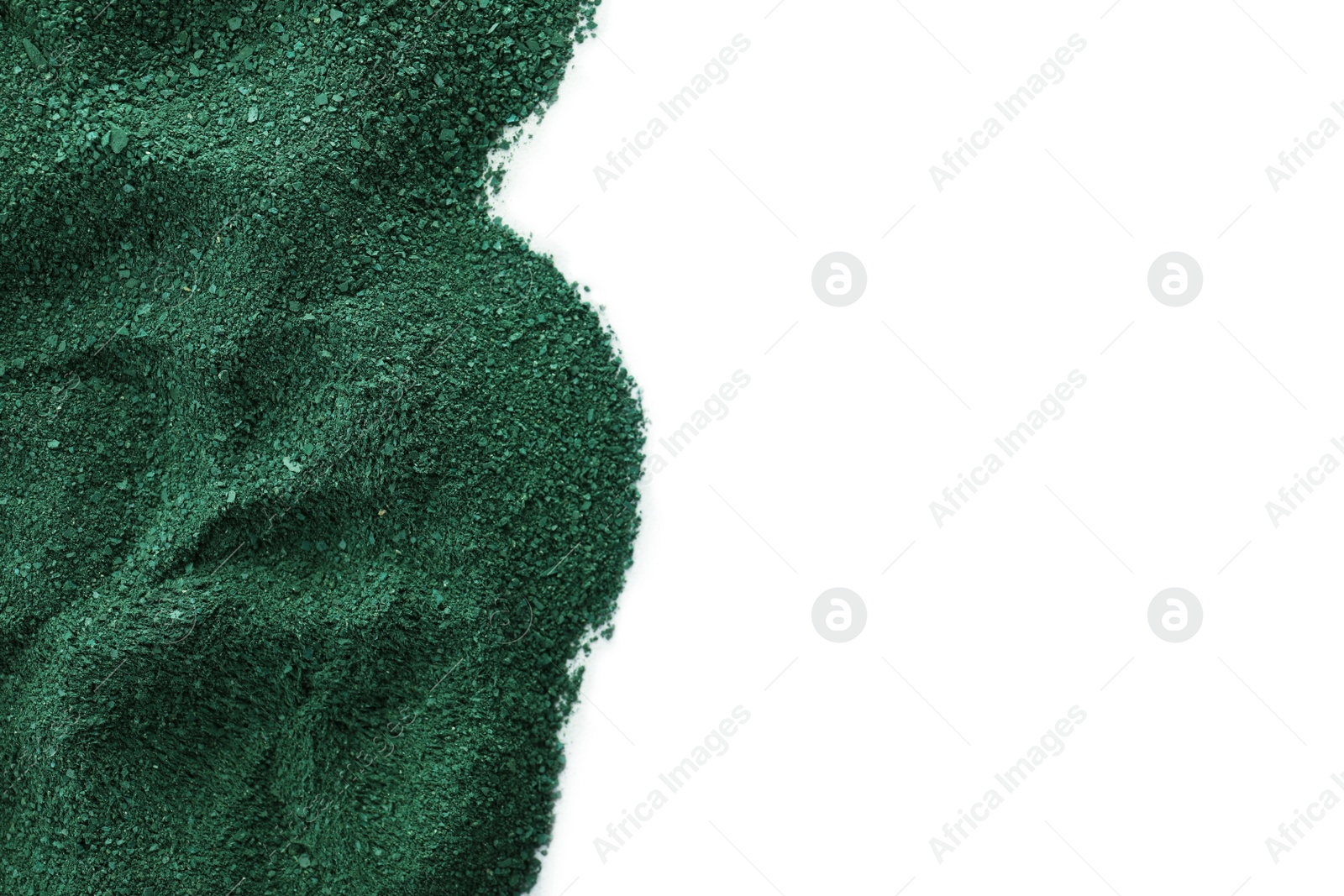 Photo of Spirulina algae powder on white background, top view with space for text