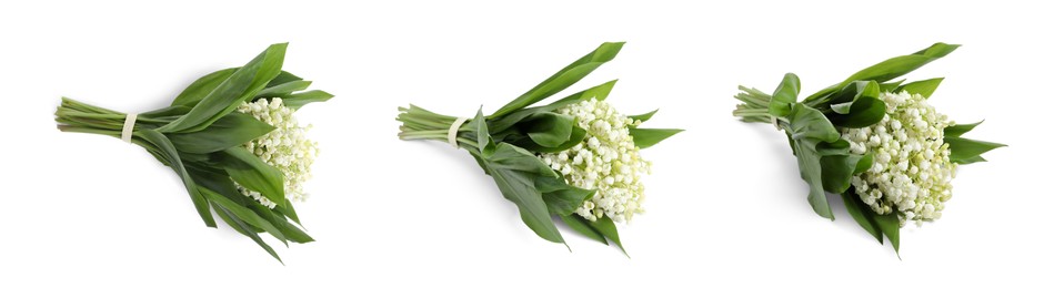 Image of Beautiful lily of the valley flowers with green leaves. Set with bouquets on white background