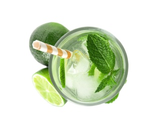 Photo of Delicious mojito and ingredients on white background, top view