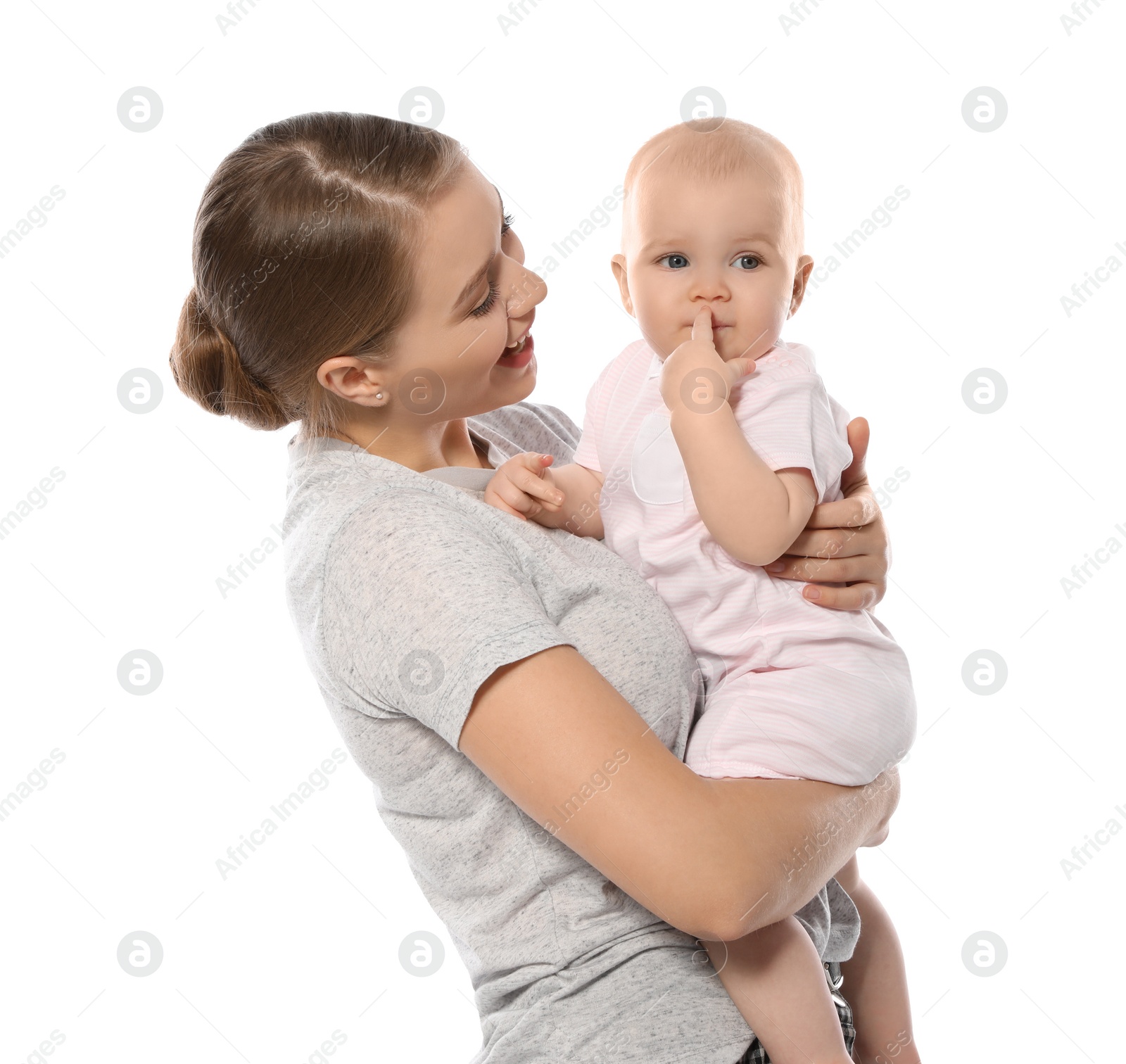 Photo of Portrait of happy mother with her baby isolated on white