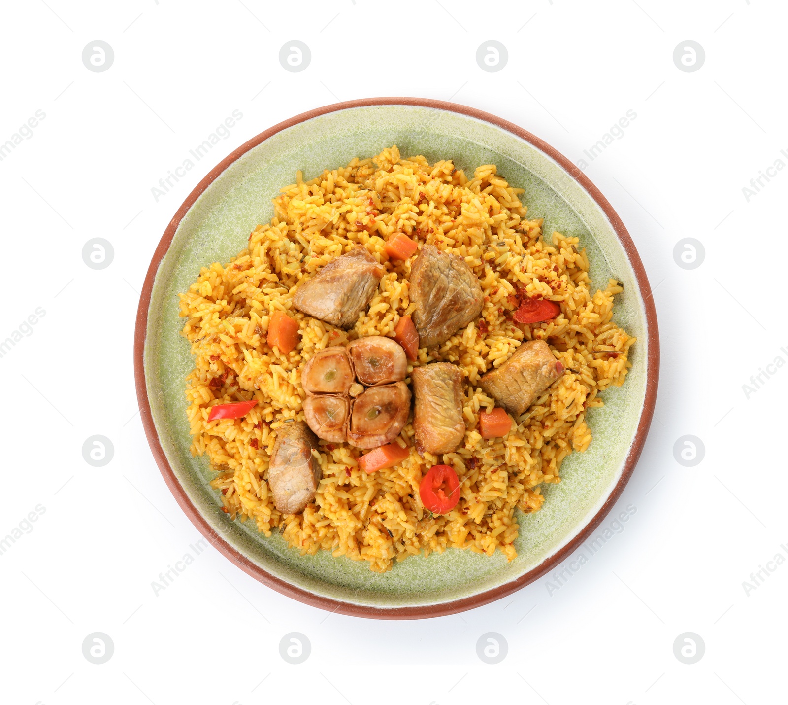 Photo of Plate with rice pilaf and meat on white background, top view