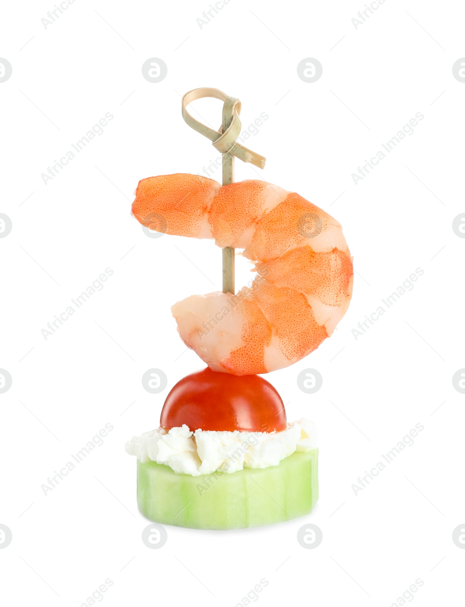 Photo of Tasty canape with shrimp, vegetables and cream cheese isolated on white