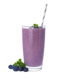 Photo of Glass of blueberry smoothie with fresh berries and mint on white background