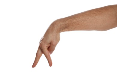 Photo of Man imitating walk with hand on white background, closeup. Finger gesture