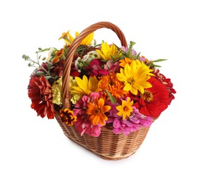 Photo of Beautiful wild flowers in wicker basket isolated on white