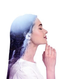 Image of Beautiful young woman with closed eyes and mountain waterfall on white background, double exposure. State of mindfulness