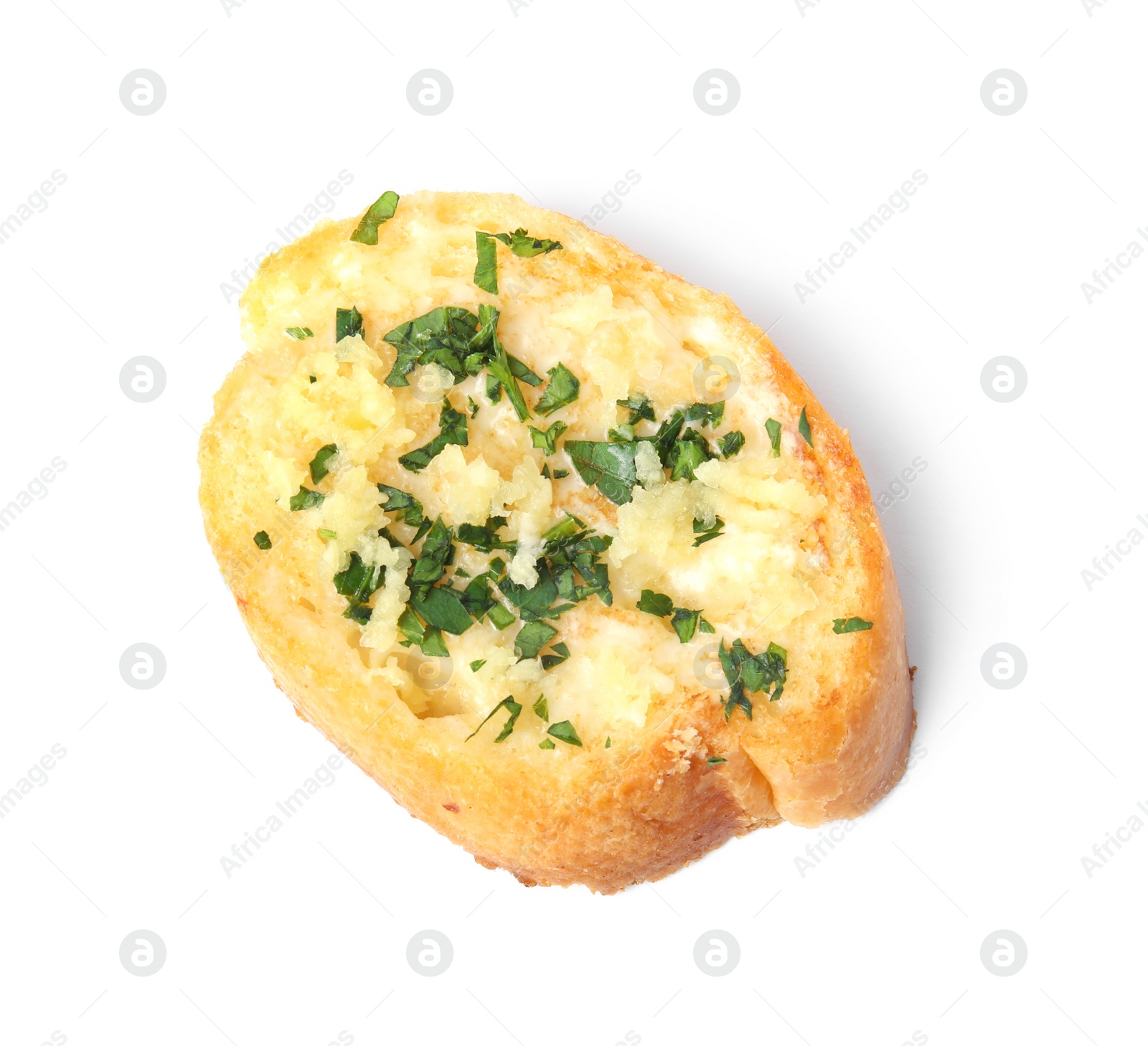 Photo of Slice of garlic bread with herbs isolated on white