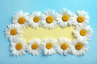 Photo of Flat lay composition with beautiful chamomile flowers and blank card on blue background, space for text