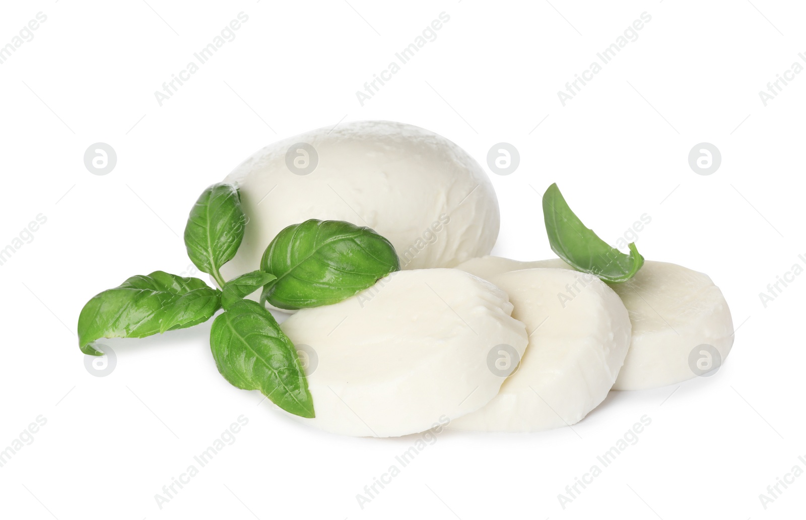 Photo of Delicious mozzarella cheese slices and basil on white background