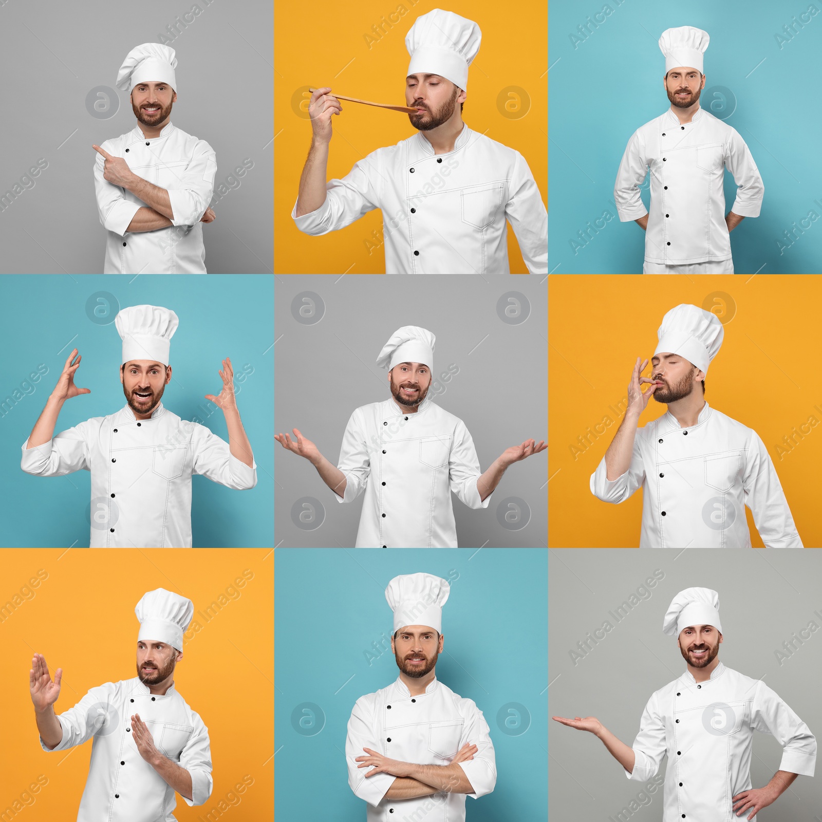 Image of Chef in uniform on different color backgrounds, collage design