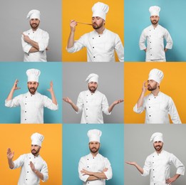 Image of Chef in uniform on different color backgrounds, collage design