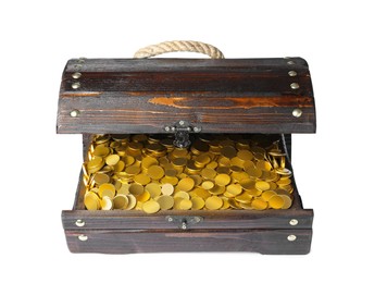 Image of Open treasure chest with gold coins isolated on white