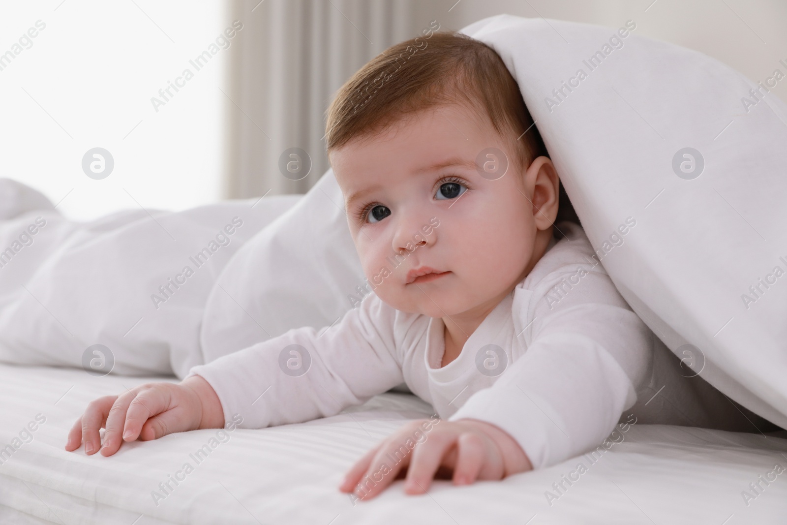 Photo of Cute little baby in bed under soft blanket indoors