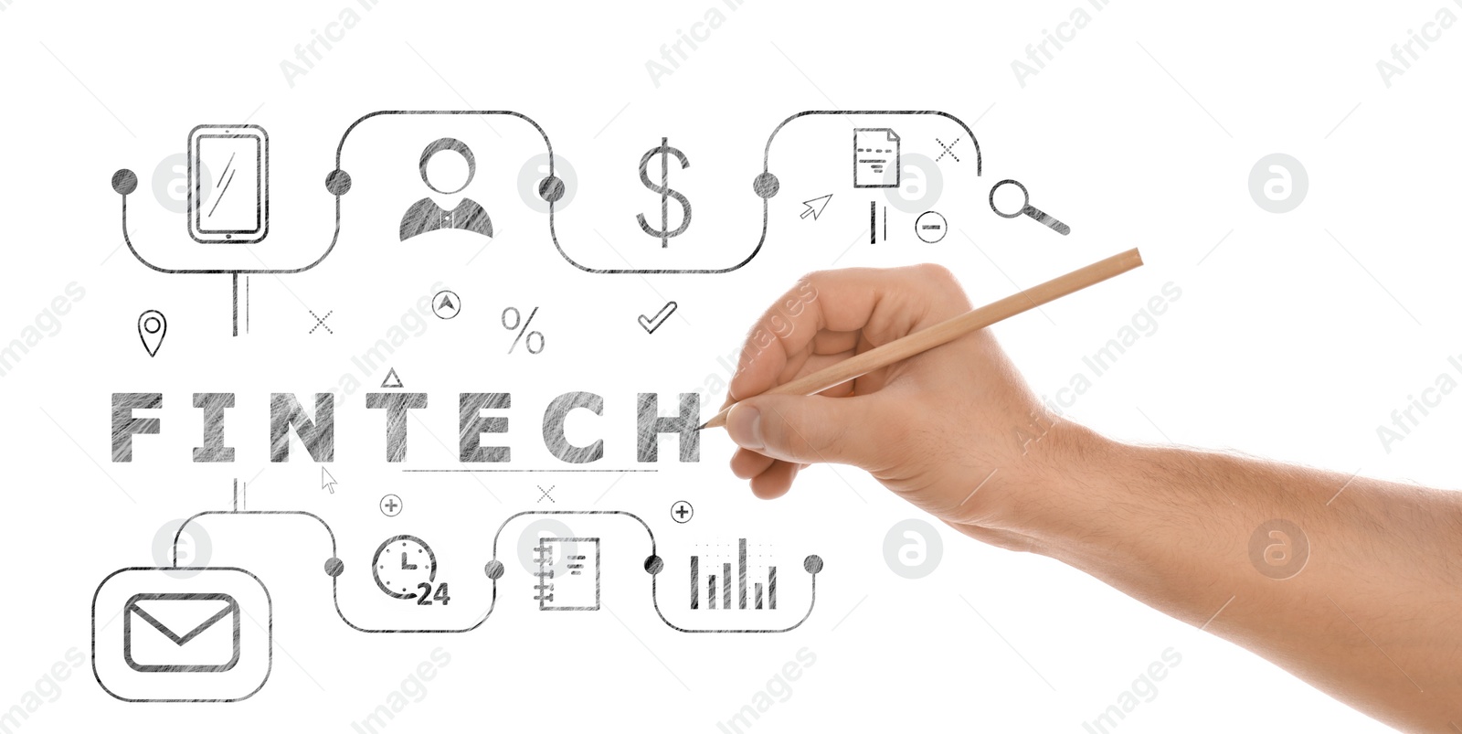 Image of Man drawing word Fintech and scheme on white background, closeup