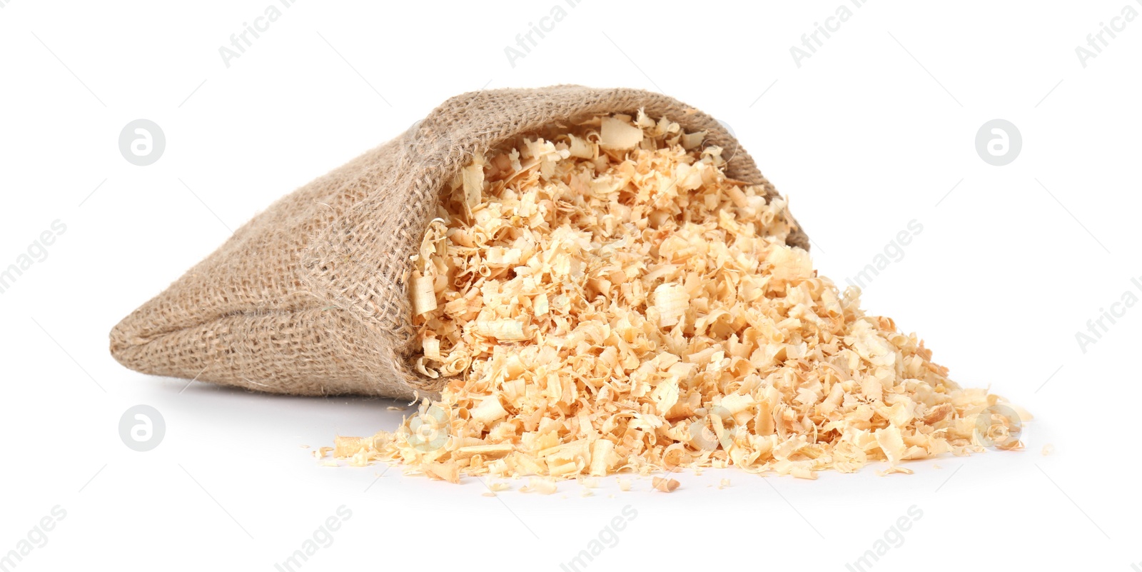 Photo of Natural sawdust in burlap sack isolated on white