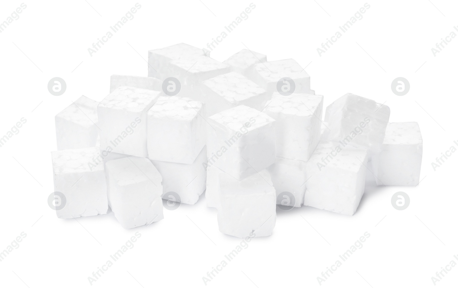 Photo of Pile of styrofoam cubes on white background