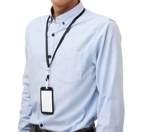 Photo of Man with blank badge on white background, closeup