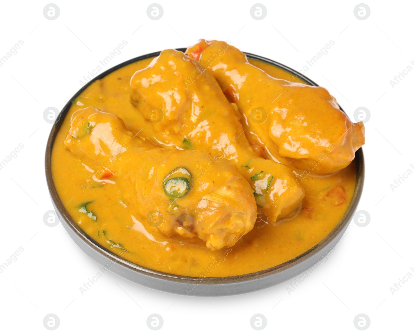 Photo of Tasty fresh chicken curry isolated on white