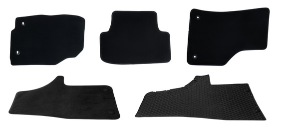 Image of Set with black car floor mats on white background. Banner design
