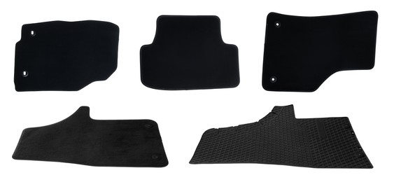 Set with black car floor mats on white background. Banner design