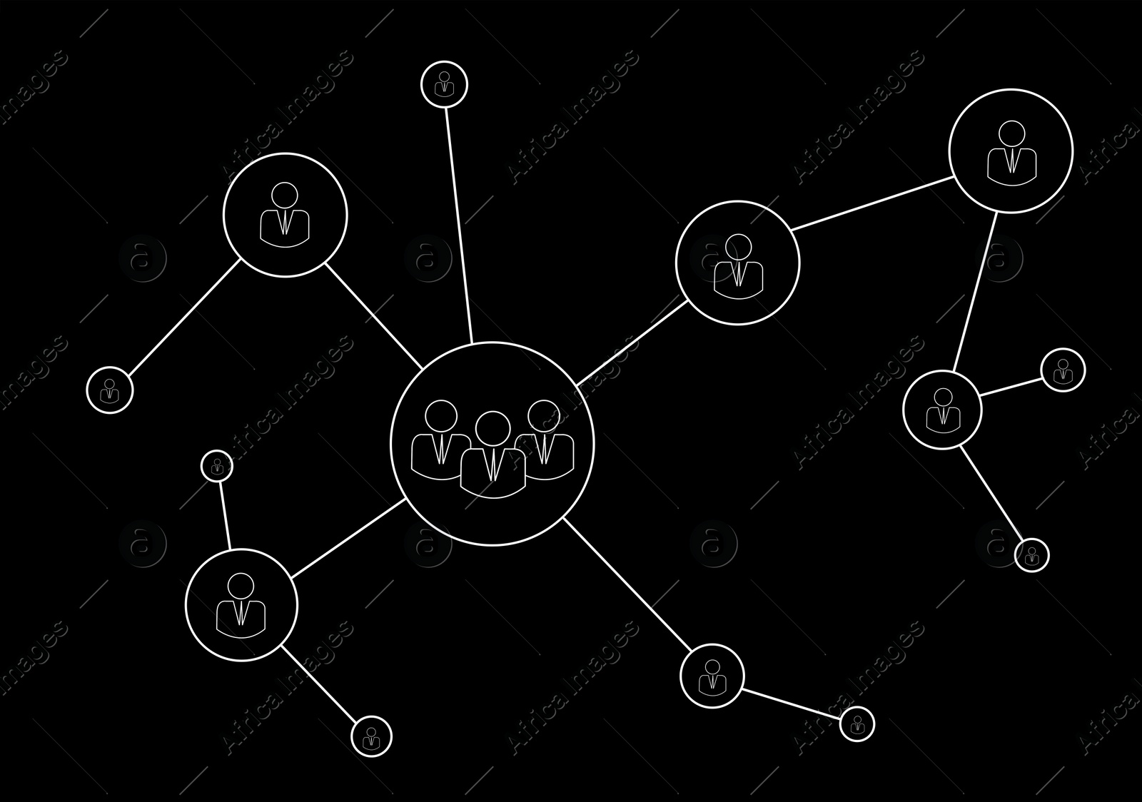 Illustration of Corporation structure. Linked people figures on black background