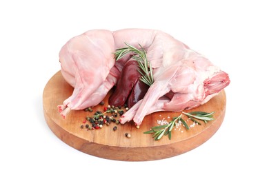 Photo of Whole raw rabbit, liver and spices isolated on white