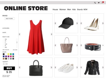 Image of Online store website page with stylish dress and information. Image can be pasted onto laptop or tablet screen