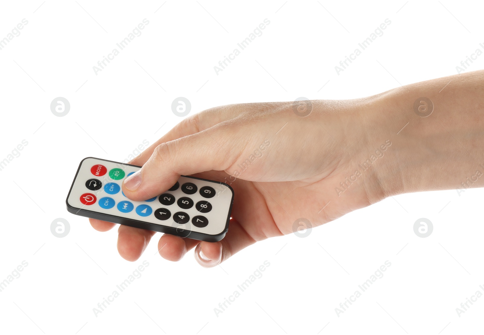 Photo of Woman holding remote control on white background, closeup